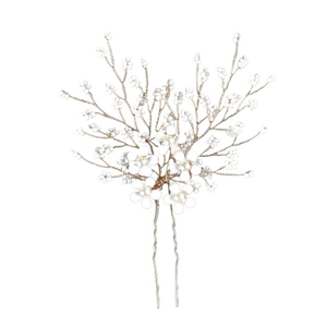 Detail of white enamel flowers and pearls on golden wire bridal U-shaped hair pin