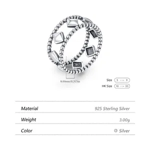 Vintage geometric S925 sterling silver hollow beaded ring with diamond-shaped accents