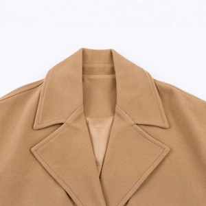 Women's camel wool blend coat featuring a classic lapel design and soft premium texture