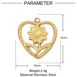 Detailed view of 22mm x 20mm golden heart sunflower pendant made of stainless steel