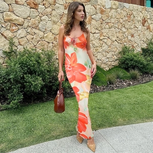 Damen Sexy Maxikleid Mit Blumendruck Spaghettiträger V-Ausschnitt Rückenfrei Cut-Out Vorne Gebunden Sommer Strandurlaub Polyester Elasthan