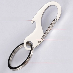 Detail of 304 stainless steel keychain with integrated bottle opener and mirror finish