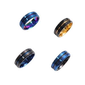 Brushed stainless steel rotatable rings for men in four two-tone industrial designs
