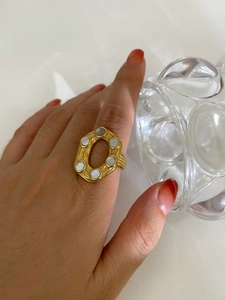 Detailed close-up of a 18K gold-plated irregular hollow ring with white shell inlays