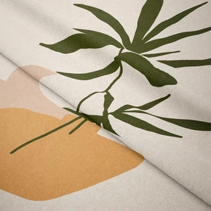 Detail view of Bohemian tapestry fabric texture with abstract leaf pattern and soft folds