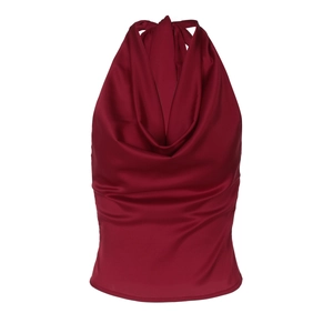 Burgundy satin cowl neck halter top with backless slim fit design for women