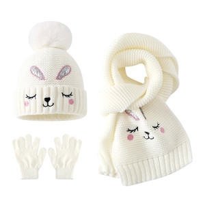 White knit winter set for girls featuring rabbit embroidery beanie, scarf and gloves