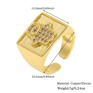 Detail view of gold Hamsa ring with zircon inlay including size and weight dimensions