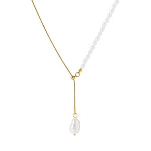 Modern asymmetrical pearl and golden snake chain necklace with baroque pearl drop