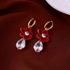 18k gold plated vintage earrings with red enamel flowers and drop zircon crystals