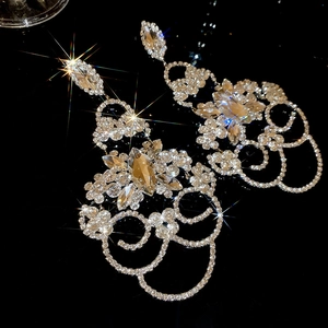 Vue macro de boucles d'oreilles fleurs ajourées argentées avec strass étincelants