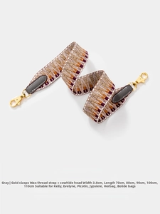 Detail of 3.8cm wide woven shoulder strap with gold hardware and leather ends
