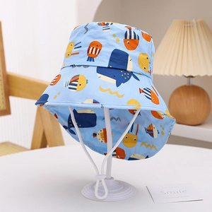 Close-up of kids cartoon fish print sun hat with adjustable windproof drawstring