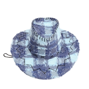 Distressed plaid denim western cowboy hat with frayed edges and adjustable chin strap