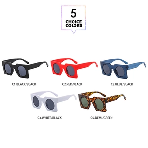 Detailed catalog showing five colors of square frame vintage sunglasses on white background