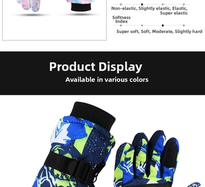 Detail of waterproof kids' ski gloves with blue camo pattern and adjustable buckle strap