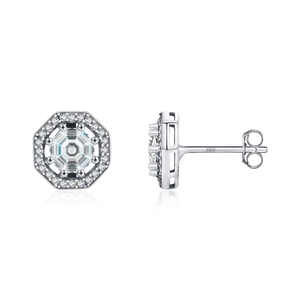 Vintage S925 sterling silver octagonal halo stud earrings with clear simulated diamond