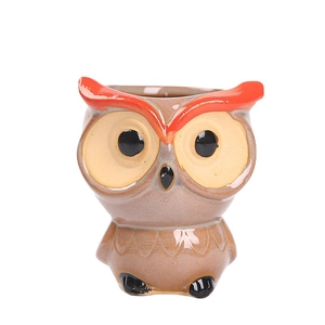 Cute brown ceramic owl succulent pot with polished finish and red eyebrow details