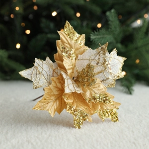 20cm champagne gold and white sequined Christmas poinsettia flower for tree decoration