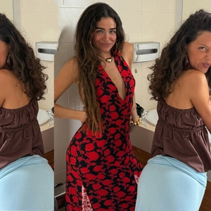 Detail view of red floral deep V-neck maxi dress and brown backless top with blue skirt
