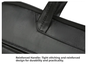 Close-up of the reinforced handle stitching on a black waterproof laptop briefcase
