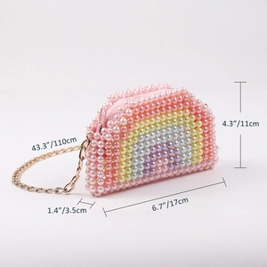 Detailed dimension guide for mini rainbow pearl beaded bag with gold chain strap specs