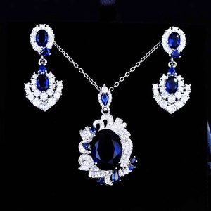 Royal Blue Synthetic Sapphire Jewelry Copper With Rhinestone Necklace Pendant Earrings Vintage Baroque Style Women