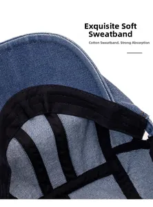 Close-up of the black cotton sweatband and durable stitching inside the denim beret cap