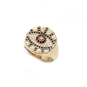 Detailed view of the gold-plated Evil Eye ring with pink and black micro-pave zircons