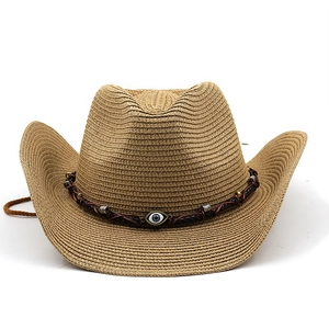 Classic straw cowboy hat with evil eye trim and chin strap for sun protection