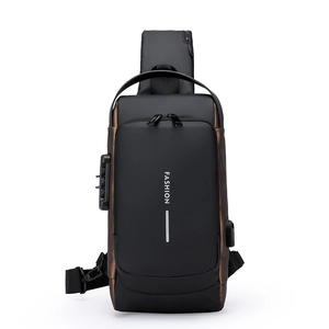 Men's anti-theft crossbody bag with TSA lock and USB charging port in black and bronze