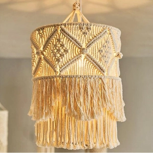 Handwoven boho macrame lampshade with cream cotton rope and elegant tassels decoration