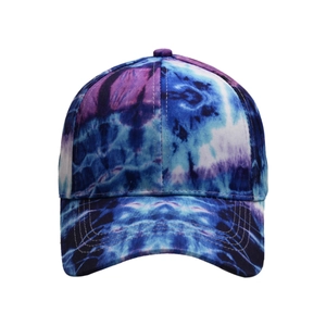 Detail view of reinforced stitching on the brim of this blue tie-dye baseball cap