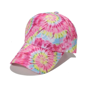 Colorful spiral tie-dye baseball cap in pink, yellow, and blue cotton twill fabric