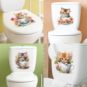 Cute Teacup Cat Wall Sticker PVC Waterproof Toilet Decal Bathroom Decor Watercolor Flower Kitten Illustration
