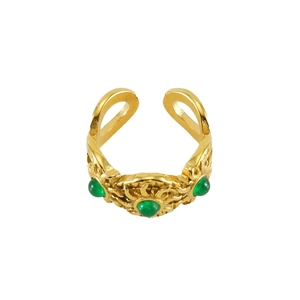 Detail of 18k gold plated stainless steel ring with three green malachite stones