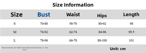 Detailed size chart for mesh panel slim fit dress including bust, waist, and hips measurements