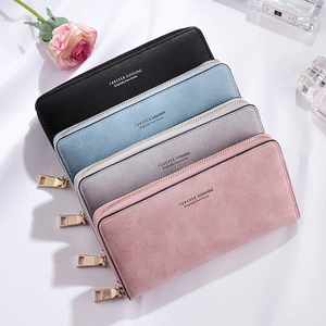 Elegant long leather zipper wallets for women in black, blue, grey, and pink colors