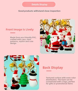 Detailed view of PVC Christmas keychains featuring Santa, Snowman, and a golden bell