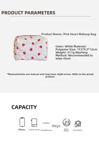 Detailed view of quilted heart makeup bag showing dimensions 17.5x9.5x12cm and polyester fabric