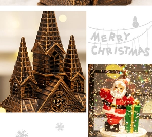Macro detail of bronze Christmas church lantern with Santa Claus and glitter snow
