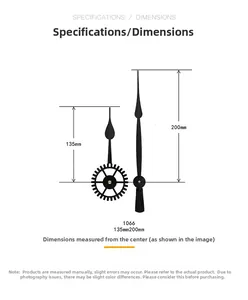 Detailed dimension guide for model 1066 black quartz wall clock hands 135mm and 200mm
