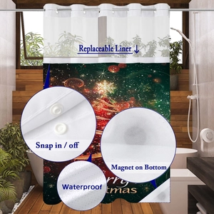 Detail showing waterproof Christmas shower curtain with replaceable liner and magnetic hem