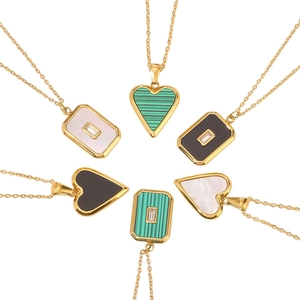 Golden stainless steel necklace set with heart and rectangle shell and malachite pendants