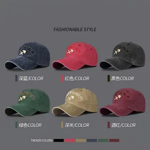 Vintage washed cotton baseball caps with Sagittarius embroidery in six assorted colors
