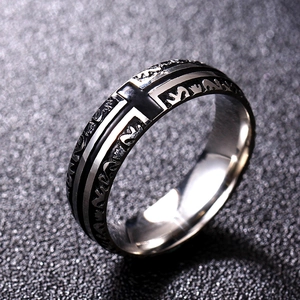 Vintage 6mm titanium steel cross ring with embossed black and silver patterns