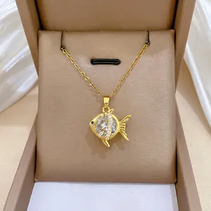 Gold Fish Pendant Necklace With Zircon Sparkling Stainless Steel Chain Copper Charm Elegant Animal Jewelry For Women