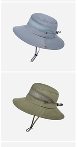 Detail of outdoor sun hats with wide brim, breathable mesh, and adjustable wind strings