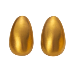 Polished gold teardrop earrings in brushed stainless steel finish on a white background