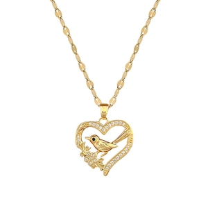 Luxury gold titanium heart pendant necklace with crystal bird design for women